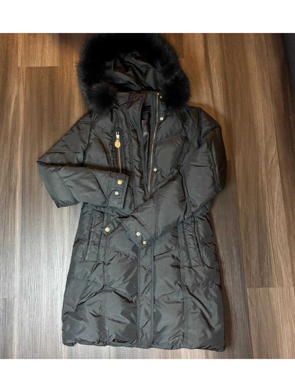 Elie Tahari Long Puffer Coat Fur Trim Removable Hood Black Size XS Small